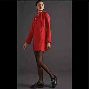 NWT Anthropologie Maeve Neck Tie Shift Mini Dress Scalloped Hem RED Sz XS